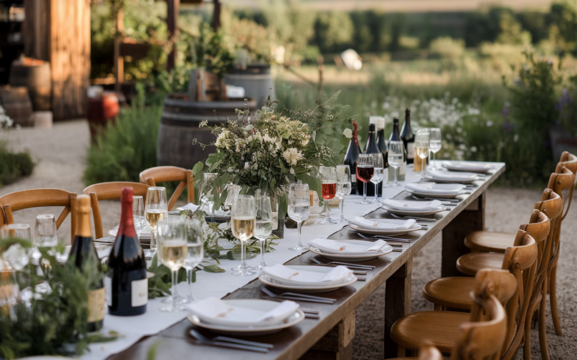 Table élégamment dressée en extérieur, avec des bouteilles de vin, des verres et un bouquet de fleurs. Décor champêtre.
