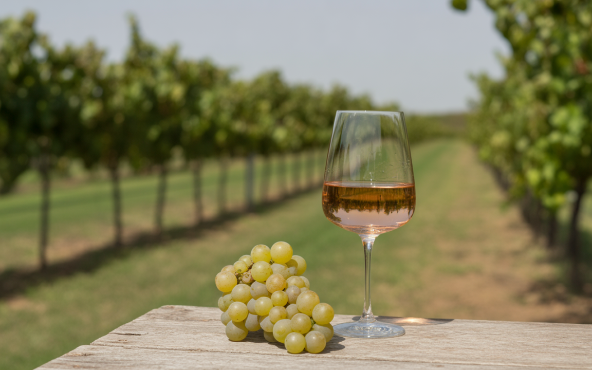 Un verre de vin rosé posé sur une table en bois, à côté d'une grappe de raisins, avec des rangées de vignes en arrière-plan.