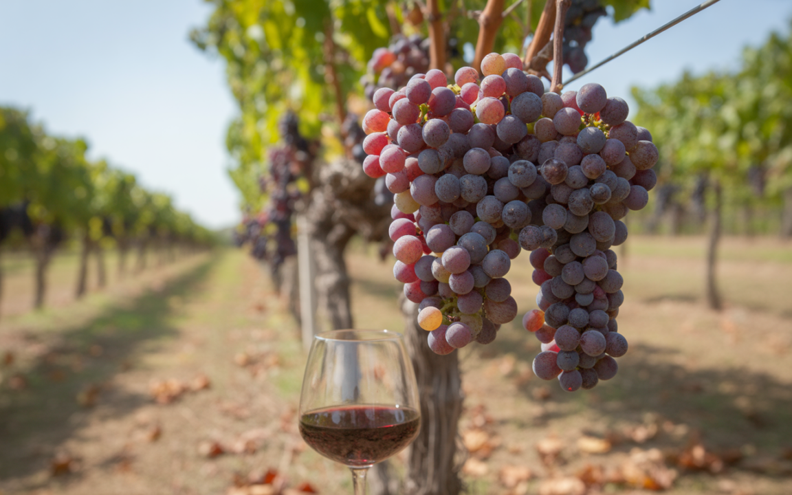 Vignes avec des grappes de raisins mûrs et un verre de vin rouge au premier plan, sous un ciel ensoleillé.