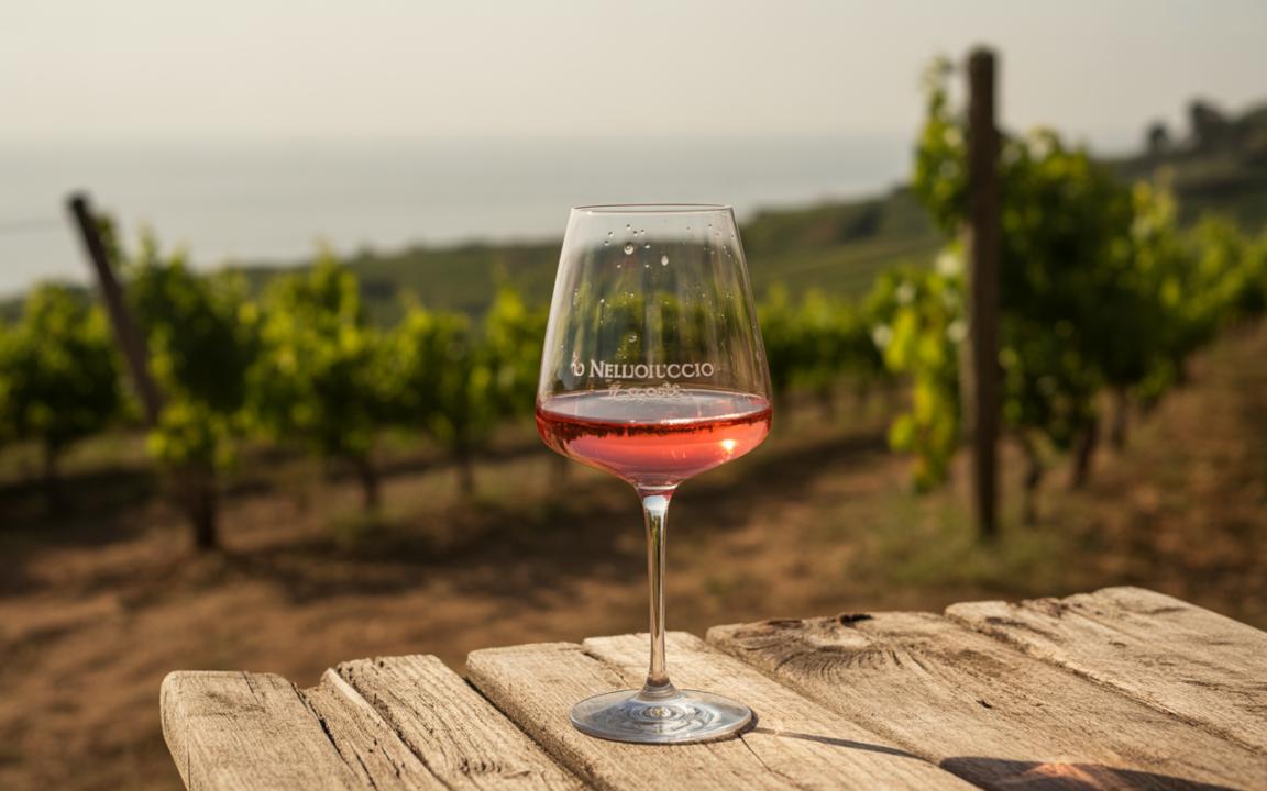 Un verre de vin rosé posé sur une table en bois, avec des vignes verdoyantes et un paysage côtier en arrière-plan.