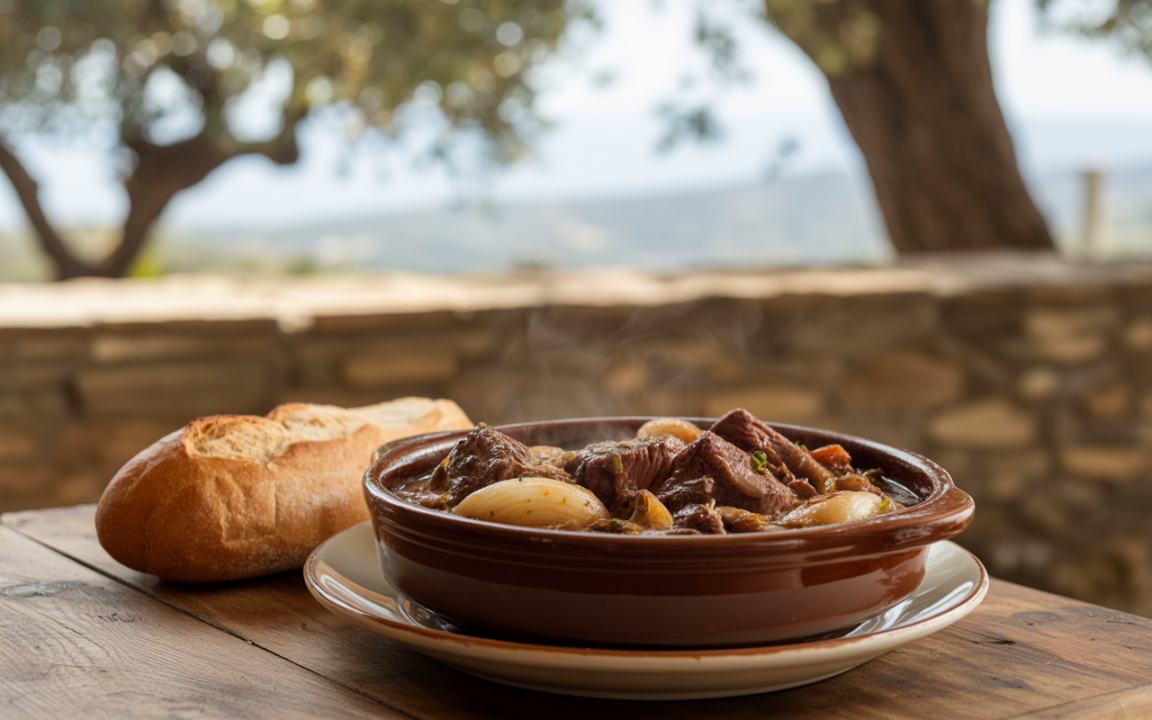 Un plat de viande mijotée avec des légumes, fumant, accompagné d'une baguette, sur une table en bois avec un paysage flou en arrière-plan.